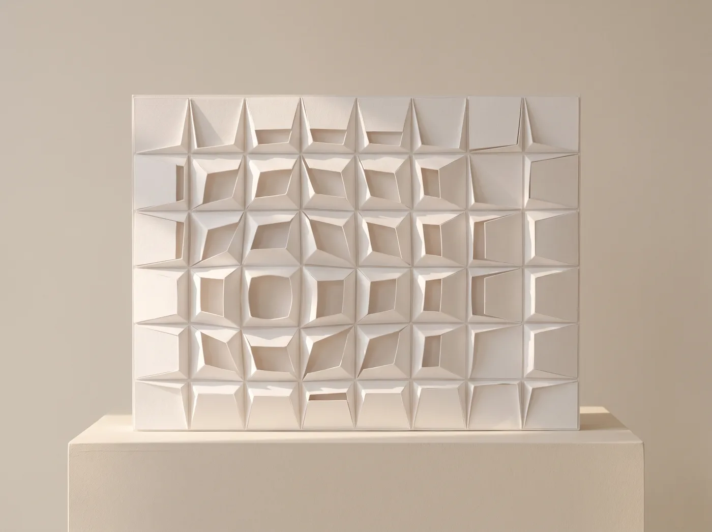 White card study model of an adaptive facade with attractor-driven depth