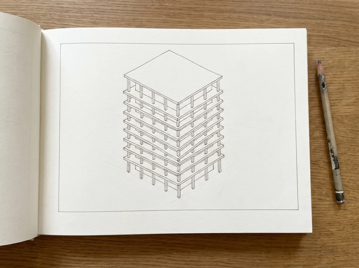 Illustrative massing study of stacked offset floor plates on thin columns