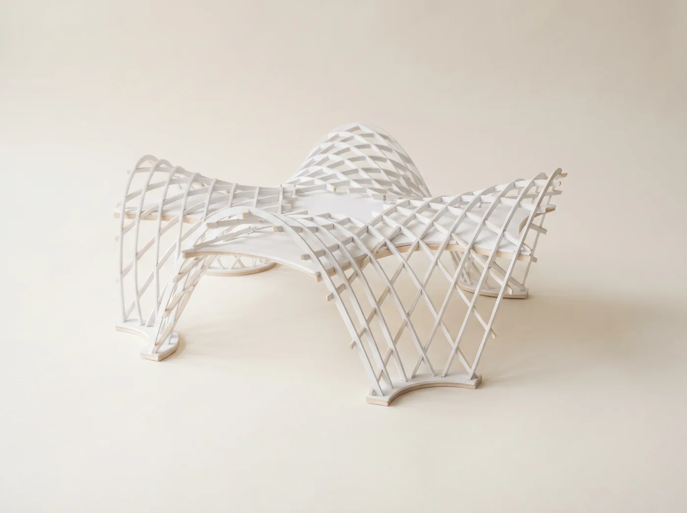 White physical model of a parametric gridshell pavilion